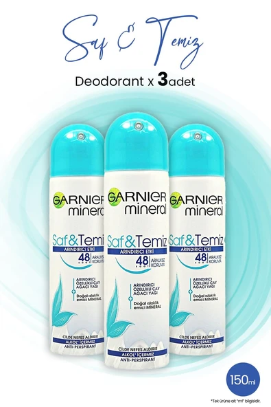 Garnier Mineral Saf ve Temiz Sprey Deodorant 48 Saat 150 ML x 3 Adet ürün görseli