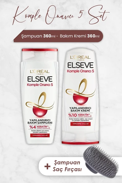 Elseve Komple Onarıcı 5 Şampuan 360 ml, Bakım Kremi 360 ml ve Şampuan Fırçası - 1