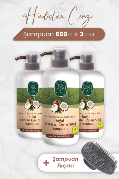 Eyüp Sabri Tuncer Hindistan Cevizi Şampuan 600 ml x 3 Adet ve Şampuan Fırçası ürün görseli