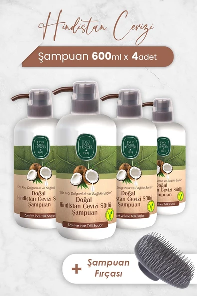 Eyüp Sabri Tuncer Hindistan Cevizi Şampuan 600 ml x 4 Adet ve Şampuan Fırçası ürün görseli