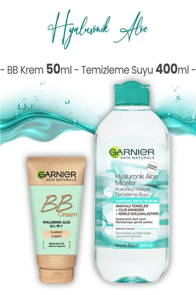 Garnier Micellar Temizleme Suyu Hyaluronik Aloe 400 ml ve BB Krem Açık Ton 50 ml ürün görseli