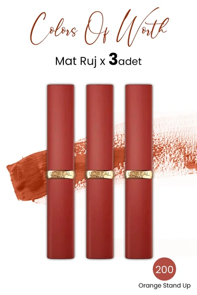 Loreal Paris Colors of Worth Color Riche Intense Volume Matte Ruj - 200 Orange Stand Up x 3 Adet