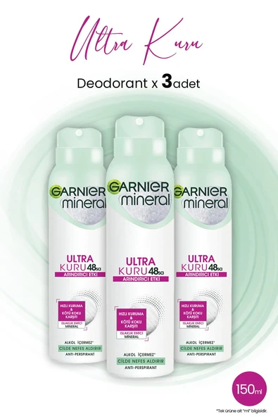 Garnier Mineral 48 Saat Ultra Kuru Sprey Deodorant 150 ML x 3 Adet