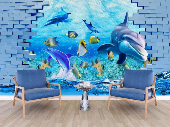 3 Boyutlu Akvaryum ve Yunus Balığı Duvar Kağıdı Baskı - Resim 6