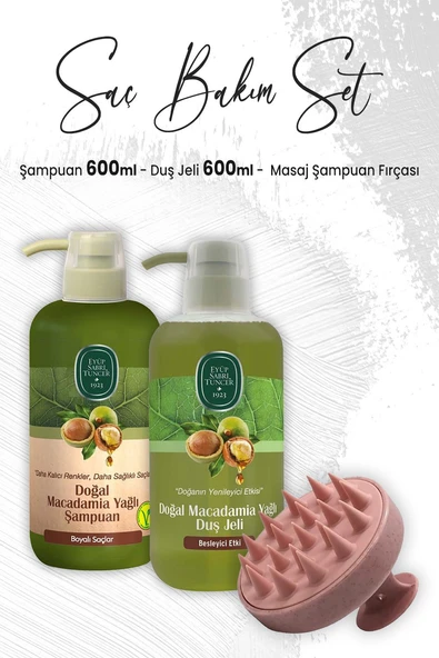 Eyüp Sabri Tuncer Macadamia Yağlı Duş Jeli 600 ml, Şampuan 600 ml ve Masaj Şampuan Fırçası Pembe ürün görseli