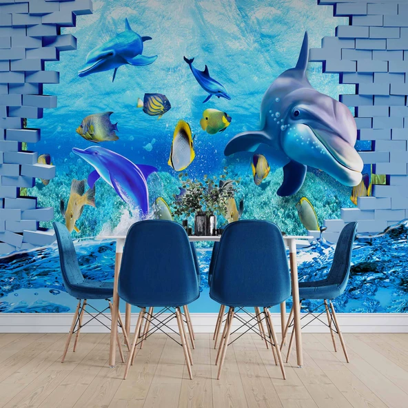 3 Boyutlu Akvaryum ve Yunus Balığı Duvar Kağıdı Baskı - Resim 4