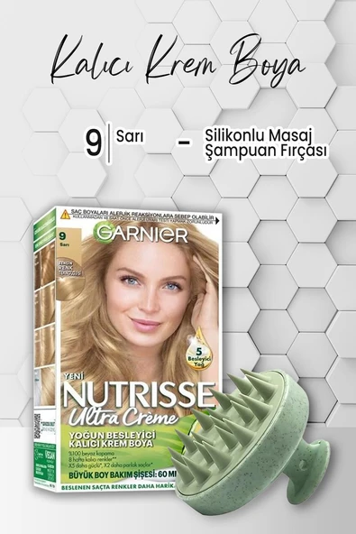 Garnier Nutrisse Kalıcı Krem Saç Boyası 9 Sarı ve Şampuan Fırçası Yeşil