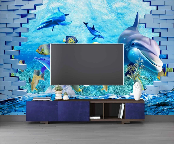 3 Boyutlu Akvaryum ve Yunus Balığı Duvar Kağıdı Baskı - Resim 3