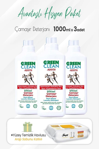 Green Clean Çamaşır Deterjanı Sports 1000 ml x 3 Adet ve Arap Sabunlu Temizlik Havlusu ürün görseli