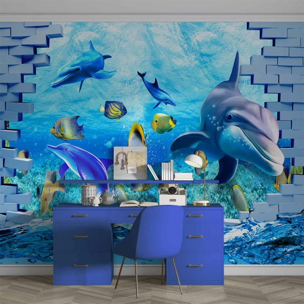 3 Boyutlu Akvaryum ve Yunus Balığı Duvar Kağıdı Baskı - Resim 5