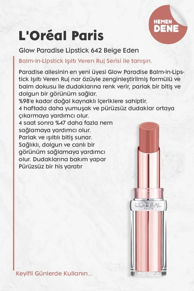 Loreal Paris Glow Paradise Lipstick 642 Beige Eden - Resim 2