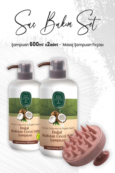 Eyüp Sabri Tuncer Doğal Hindistan Cevizi Şampuan 600 ml x 2 Adet ve Masaj Şampuan Fırçası Pembe ürün görseli