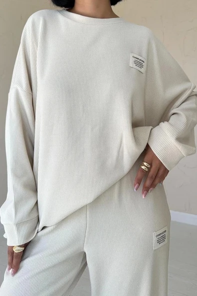 Bej Klasik Fitilli Kazak Ve Pantolon Takım - 3