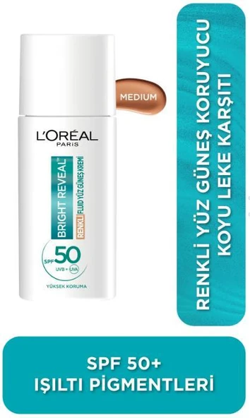 L'Oreal Paris Bright Reveal Spf 50 Koyu Leke Karşıtı Renkli Fluid Günlük Yüz Güneş Kremi 50ml - Medium