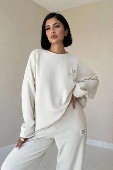 Bej Klasik Fitilli Kazak Ve Pantolon Takım - 2