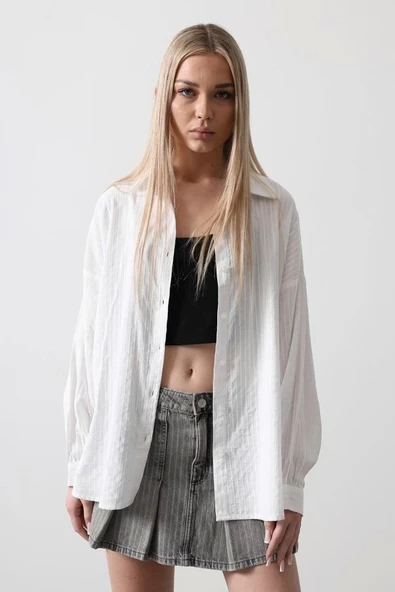 Çizgili Uzun Kol Gömlek - Beyaz - Resim 3