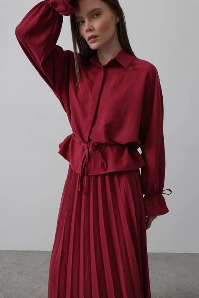 Bel Detaylı Bluz Pileli Etek - Bordo - 4