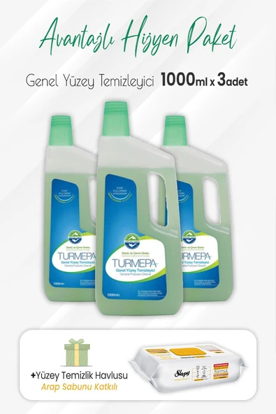 Turmepa Genel Yüzey Temizleyici 1 lt x 3 Adet ve Arap Sabunlu Yüzey Temizlik 100' lü ürün görseli
