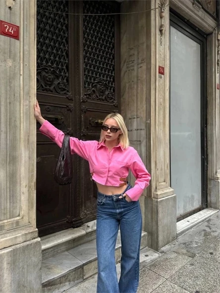 GÖMLEK POPLİN CROP YAN ÇİFT KEMER DETAYLI - Pembe - Resim 2