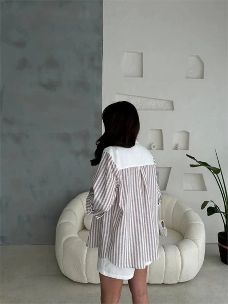 GABARDİN ŞORT - GABARDİN - ÇİZGİLİ KETEN GARNİLİ CEKET TAKIM - Kahverengi - 2