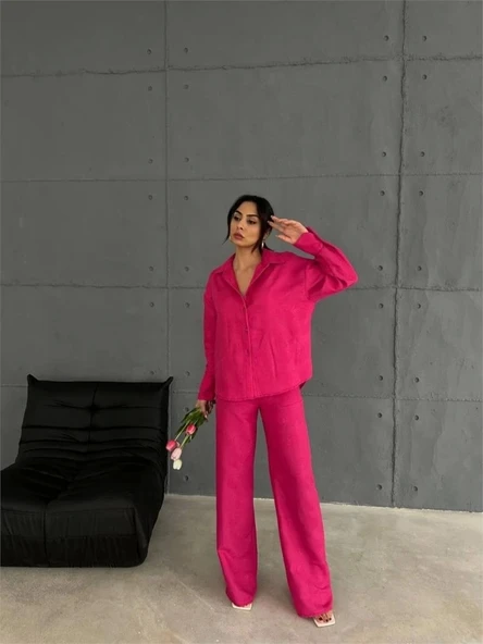 KENDİNDEN DESENLİ JAKARLI TAKIM - Fuşya - Resim 3