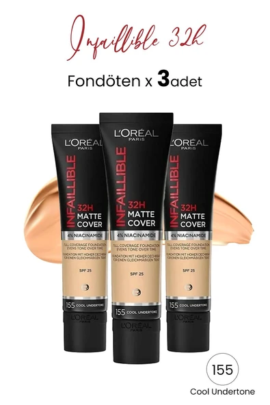 Loreal Paris Infaillible 32H Matte Cover Yüksek Kapatıcı Fondöten - 155 Soğuk Alt Ton 30 ml x 3 Adet - 1