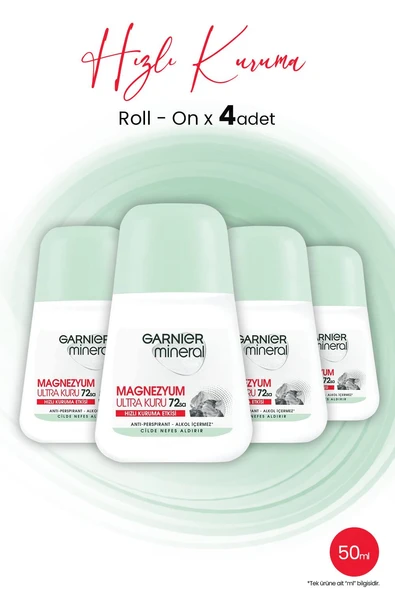 Garnier Mineral Magnezyum Ultra Kuru Roll-On 72 Saat x 4 Adet