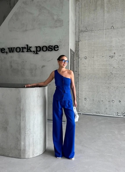 TEK KOL YELEK - PANTOLON TAKIM ATLAS - Mavi - Resim 3