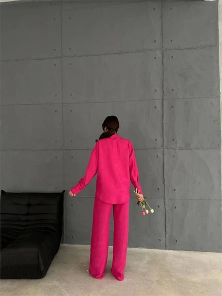 KENDİNDEN DESENLİ JAKARLI TAKIM - Fuşya - Resim 2