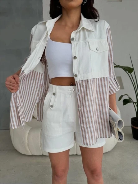 GABARDİN ŞORT - GABARDİN - ÇİZGİLİ KETEN GARNİLİ CEKET TAKIM - Kahverengi - 3