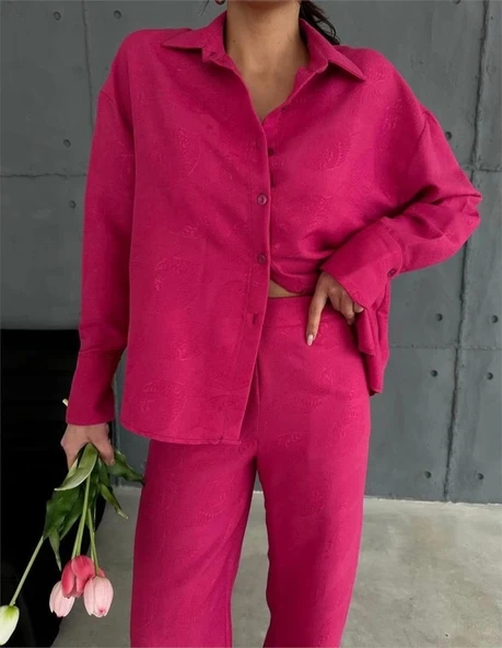 KENDİNDEN DESENLİ JAKARLI TAKIM - Fuşya ürün görseli