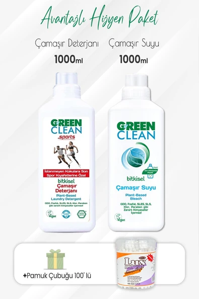 Green Clean Sports Çamaşır Deterjanı, Çamaşır Suyu 1000 ml ve Pamuk Çubuğu ürün görseli
