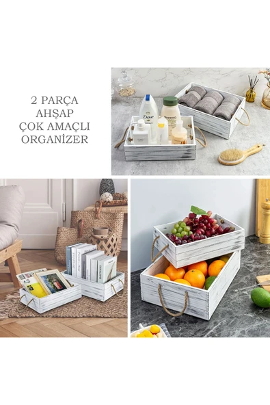 temamall 2 Adet Ahşap Organizer Kutu, Çok Amaçlı - 3