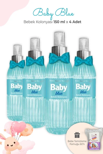Eyüp Sabri Tuncer Baby Blue Bebek Kolonyası 150 ml x 4 Adet ve Kare Bebek Pamuğu ürün görseli 1