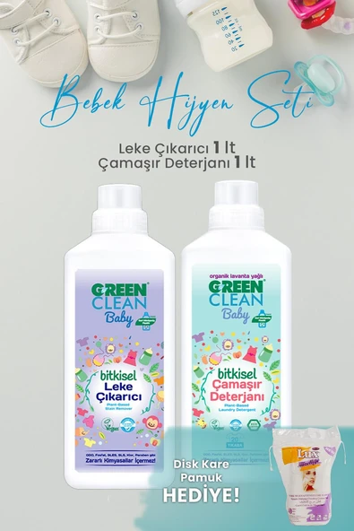 Green Clean Baby 1000 ml Çamaşır Deterjanı, Leke Çıkarıcı ve Kare Pamuk ürün görseli