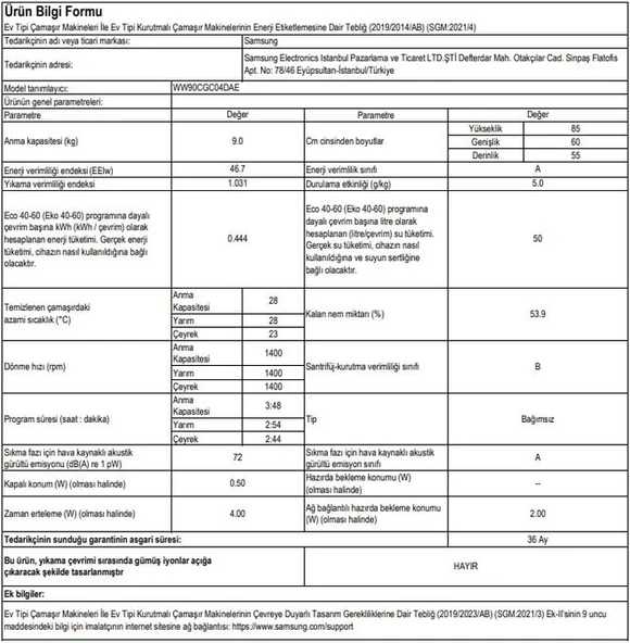 Samsung  WW90CGC04DAEAH 9 KG 1400 Devir Çamaşır Makinesi - Resim 6