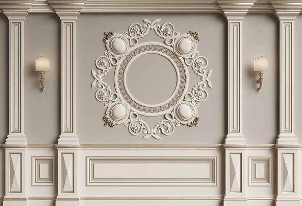 3D Beyaz Sütun Gri Panel Altın Görünümlü Çerçeve Duvar Kağıdı Baskı - 7