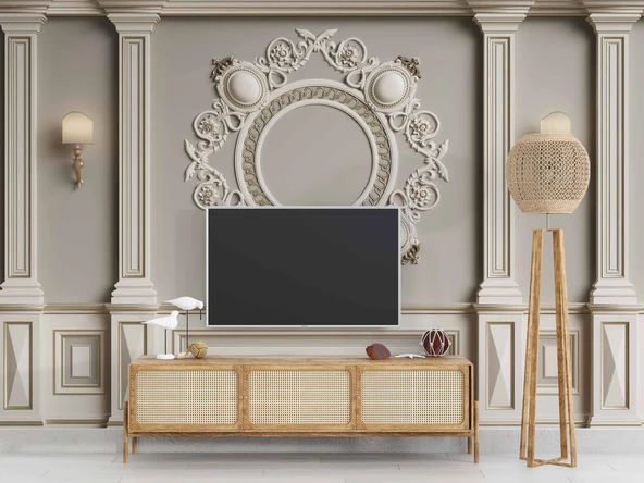 3D Beyaz Sütun Gri Panel Altın Görünümlü Çerçeve Duvar Kağıdı Baskı - 3