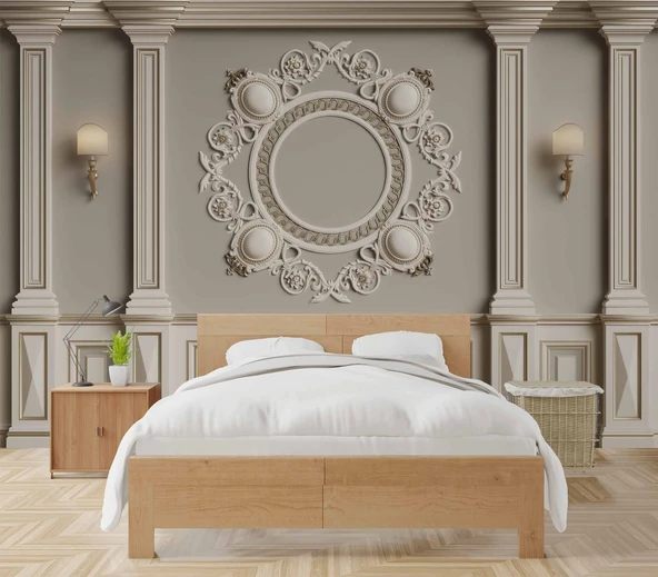 3D Beyaz Sütun Gri Panel Altın Görünümlü Çerçeve Duvar Kağıdı Baskı - 2