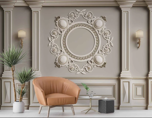 3D Beyaz Sütun Gri Panel Altın Görünümlü Çerçeve Duvar Kağıdı Baskı - 6