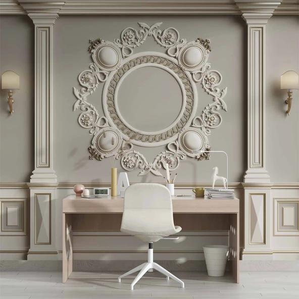 3D Beyaz Sütun Gri Panel Altın Görünümlü Çerçeve Duvar Kağıdı Baskı - 4