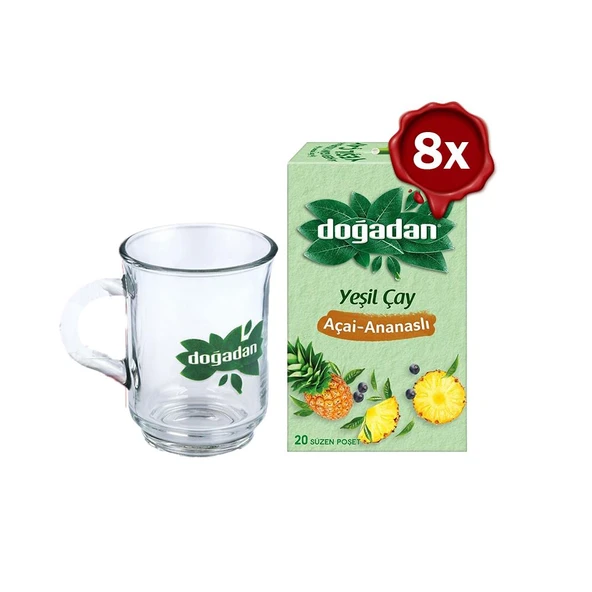 Doğadan Yeşil Çay Açai Ananaslı Bardak Poşet Çay x 8 ve Doğadan Cam Bardak Hediyeli - 1