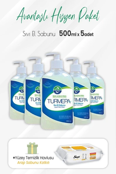 Turmepa Sıvı Sabun 500 ml x 5 Adet ve Arap Sabunlu Yüzey Temizlik 100' lü