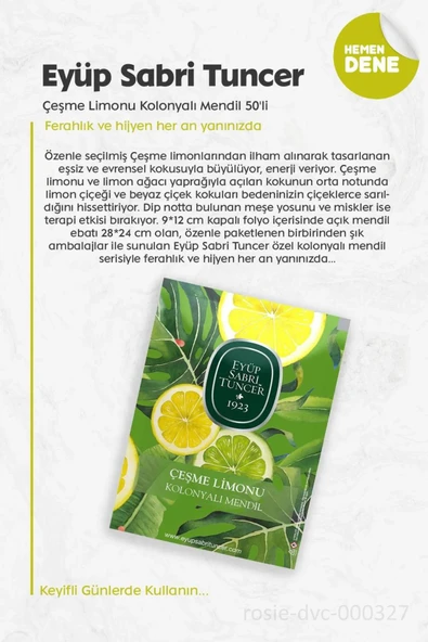 Eyüp Sabri Tuncer Kolonyalı Mendil 3 Paket 50'li Çeşme Limonu ve Pamuk ROSIE - 3