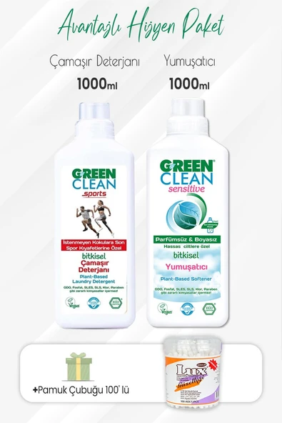 Green Clean Sports Çamaşır Deterjanı,Sensitive Yumuşatıcı 1000 ml ve Pamuk Çubuğu ürün görseli