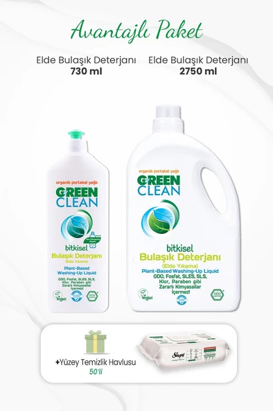 Green Clean Bulaşık Deterjanı 730 ml, 2750 ml ve Yüzey Temizlik Havlusu 50'li ürün görseli
