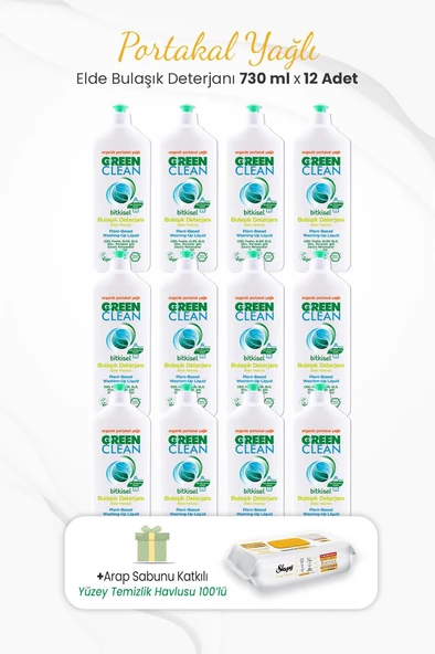 Green Clean 12li Elde Bulaşık Deterjanı  730 ml ve Arap Sabunlu Temizlik Havlusu ürün görseli