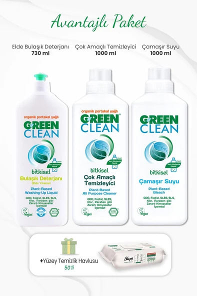 Green Clean  Çamaşır Suyu, Çok Amaçlı Temizleyici 1 lt, Bulaşık Deterjanı 730 ml ve Temizlik Havlusu 50'li