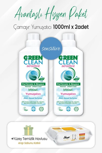 Green Clean Sensitive Yumuşatıcı 1 lt x 2 Adet ve Arap Sabunlu Temizlik Havlusu 100' lü ürün görseli