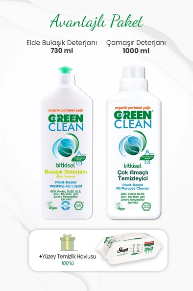 Green Clean Çamaşır Deterjanı 1000 ml,  Elde Bulaşık Deterjanı 730 ml ve Temizlik Havlusu 100'lü